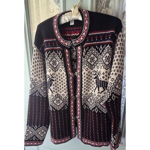 VTG Talbots Nordic Cardigan Fair Isle Holiday Winter Sweater SZ Med Black Red